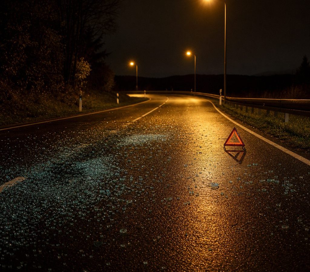Nächtliche Landstraße mit Glassplittern und Warndreieck nach einem Unfall