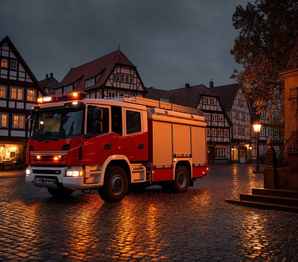 Feuerwehrfahrzeug am Abend in einer Altstadt in Südniedersachsen