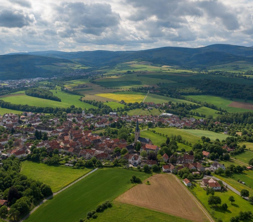 Luftaufnahme der Hügellandschaft Südniedersachsens