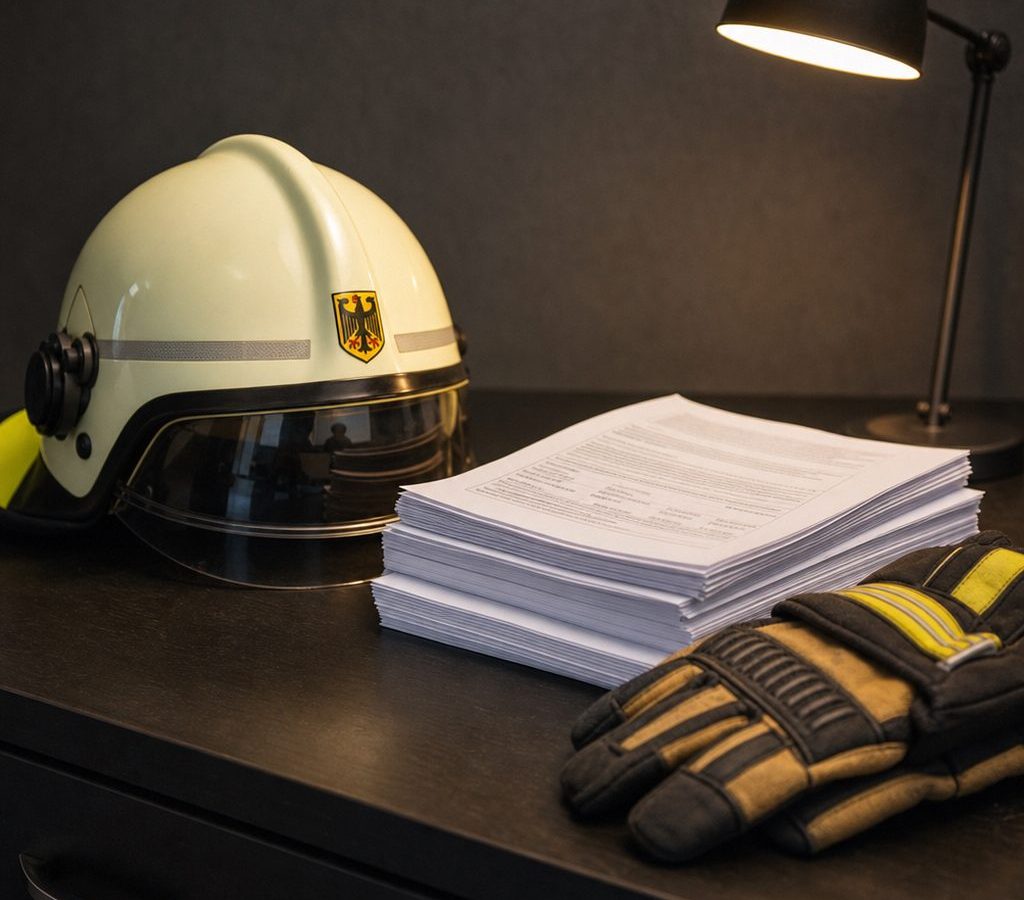 Feuerwehrhelm neben gedruckten Vorschriften auf einem Schreibtisch