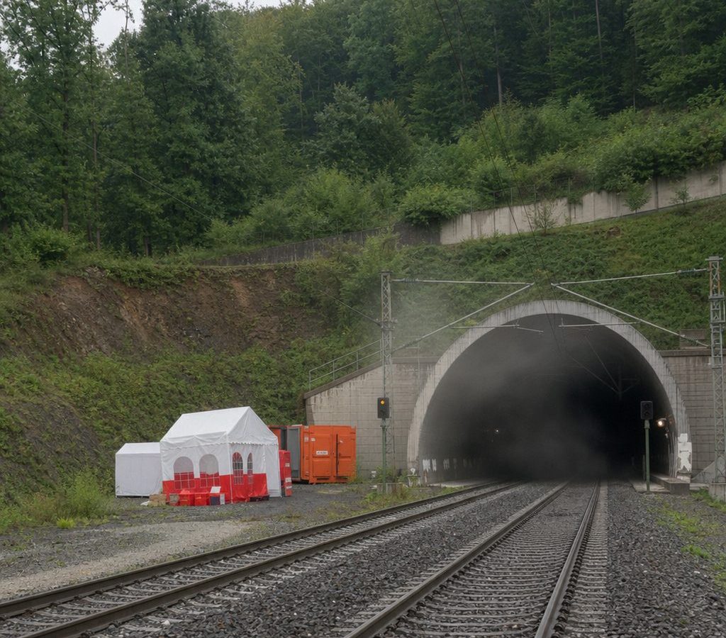 Tunnelportal einer Bahnstrecke bei einer Übung der Feuerwehr